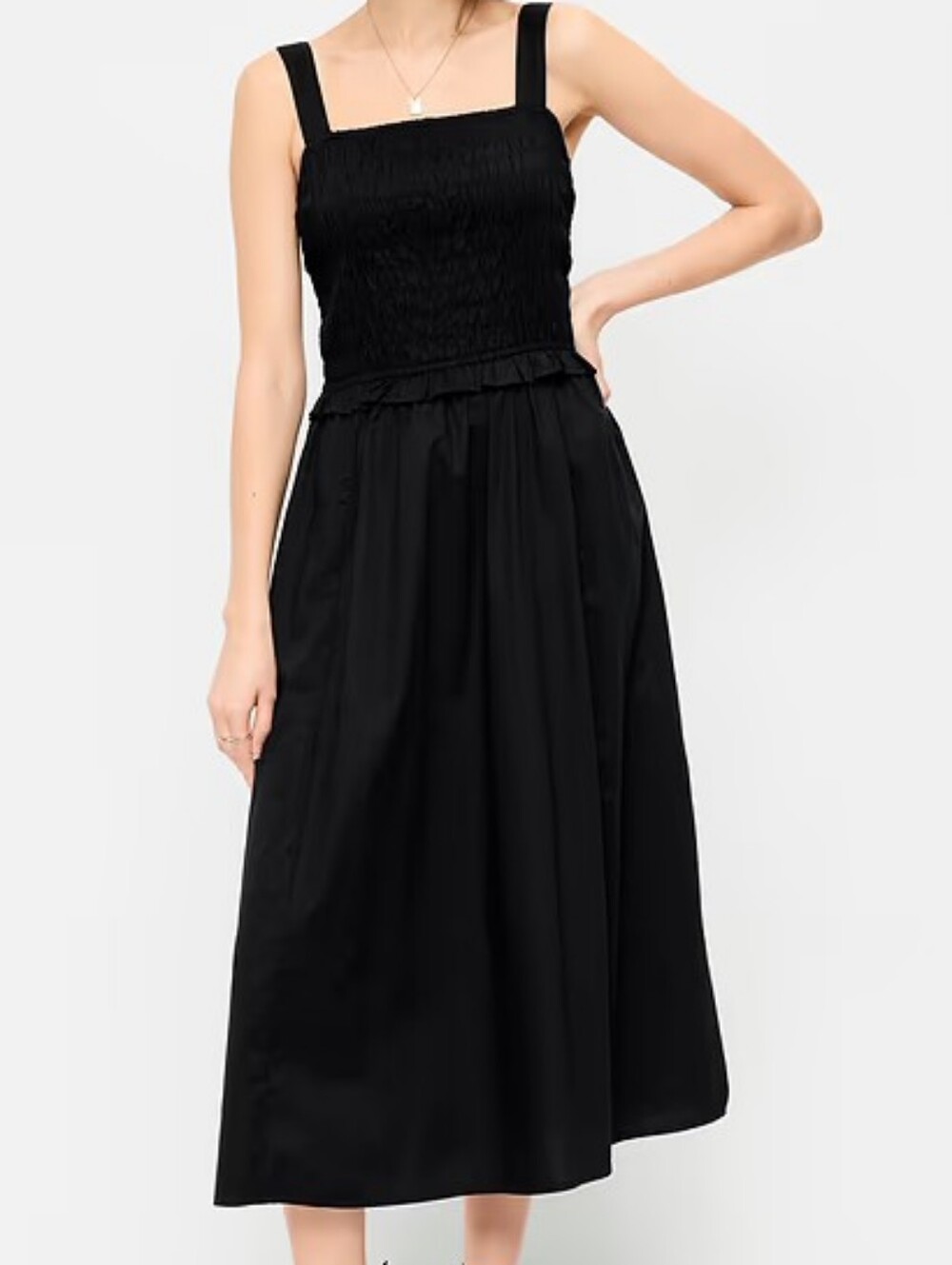 NWT - Old Navy Cotton Fit & Flare Smocked -Bodice Black Midi Dress - Size M Tall